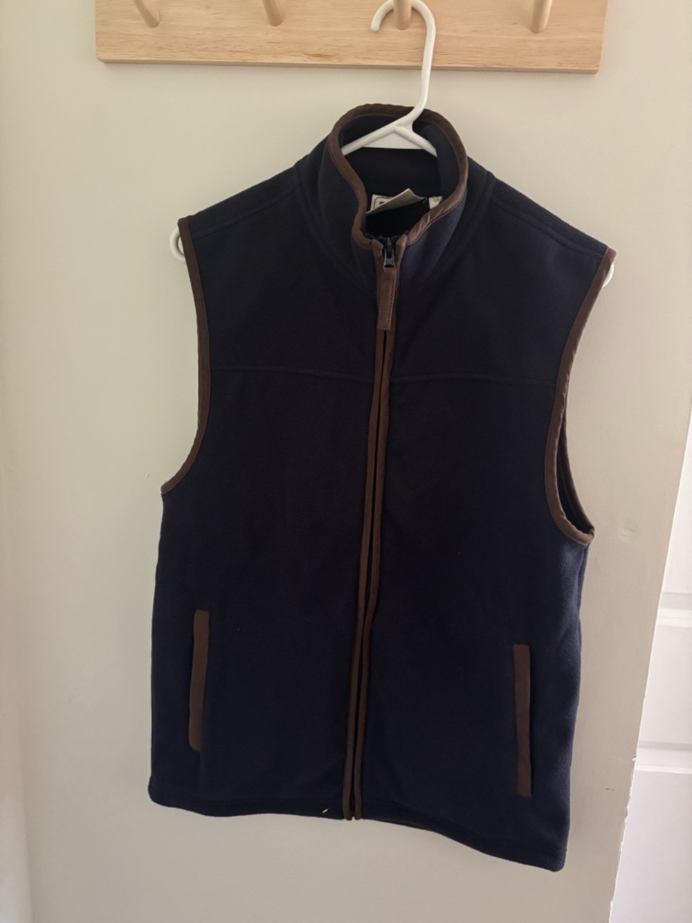 Men's Navy Fleece Vest with Brown Trim - Classic Layering Piece